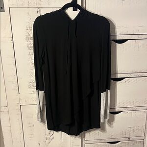 Black Hooded Top with Striped Sleeves